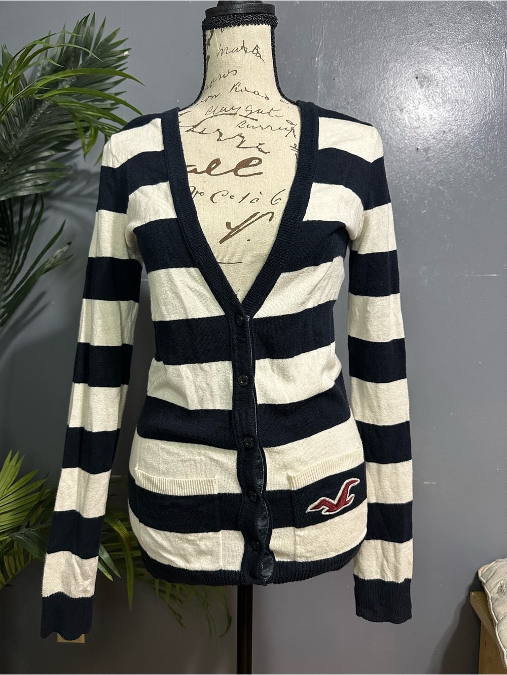 Vintage Hollister Black and White Striped Button-Up Cardigan